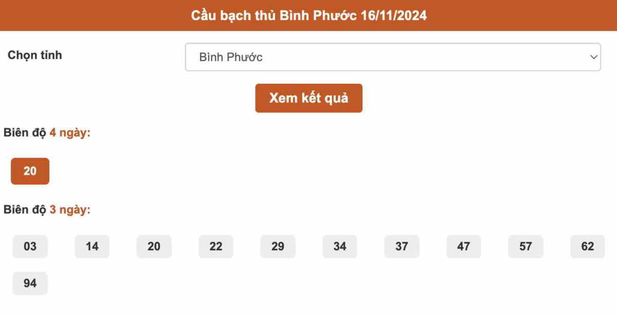 Thống kê cầu Bạch thủ Bình Phước ngày 16-11-2024