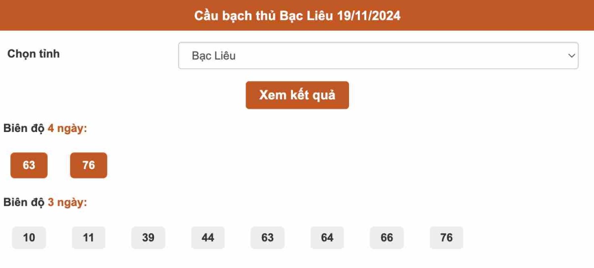 Thống kê cầu bạch thủ Bạc Liêu ngày 19-11-2024