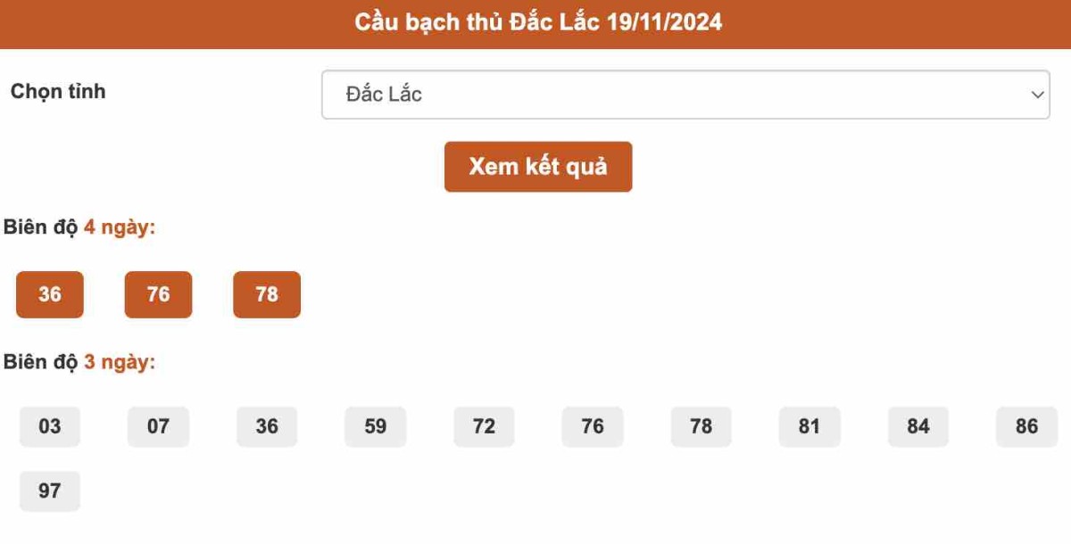 Thống kê cầu Bạch thủ Đắk Lắk ngày 19-11-2024